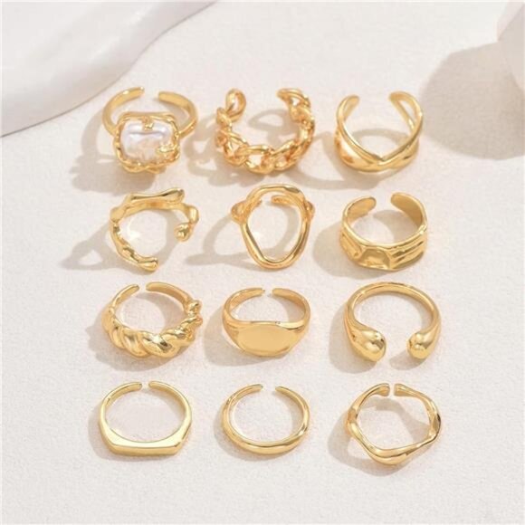 Chunky 18K Gold Rings set 6 pcs for Women Non-Tarnish Stackable Statement Set - Picture 5 of 6